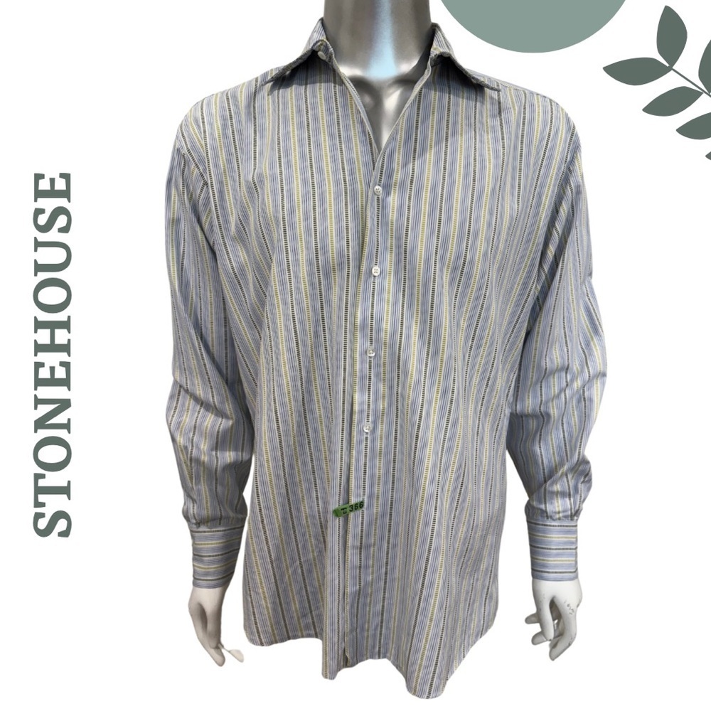 Stonehouse Men’s Striped Button-Up Dress Shirt Blue White Green – Size Large